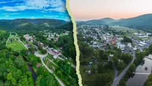 Durbin and Franklin - Mon Forest Towns - Mon Forest Towns A split-screen aerial view showing two West Virginia towns nestled in a mountain valley, with a bright daytime scene on the left and a soft, sunset-lit scene on the right.